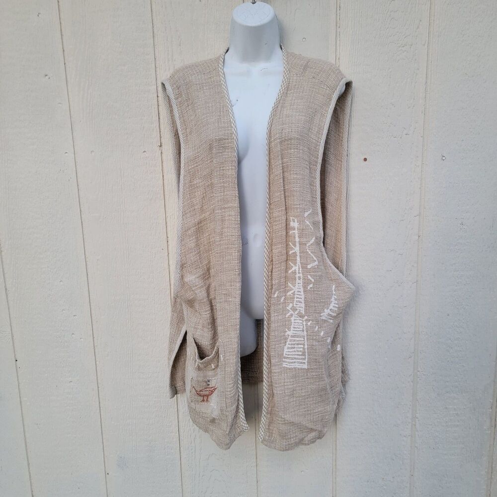 Linen blend long line embroidered vest wmns Sz L Artsy Lagenlook Art To Wear